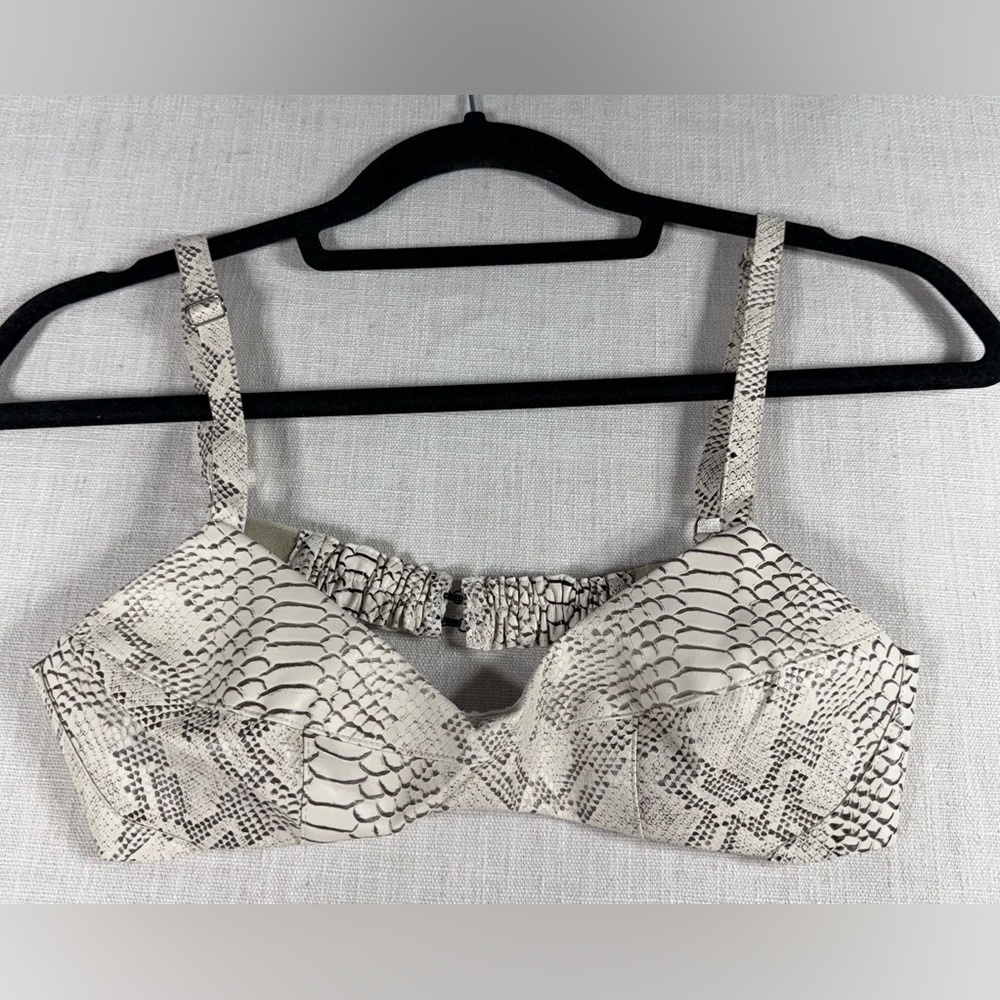 Matte Cream Snake-Print Bikini Top with Adjustable Straps faux leather